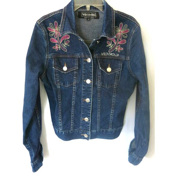 WILD ORCHID Embroidered Jean Jacket Size S** Women Denim  Trucker Y2K Blue Fall - Picture 1 of 12